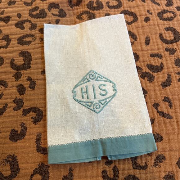 Vintage Linen Towels His Hers Embroidered Fingertip Floral Kitchen Turquoise - Picture 12 of 15